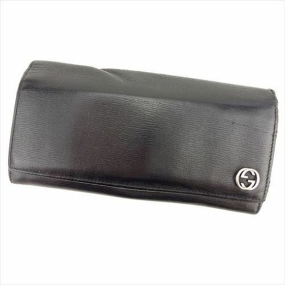 Auth Gucci Wallet Purse Long Wallet G logos Black Silver leather Mens